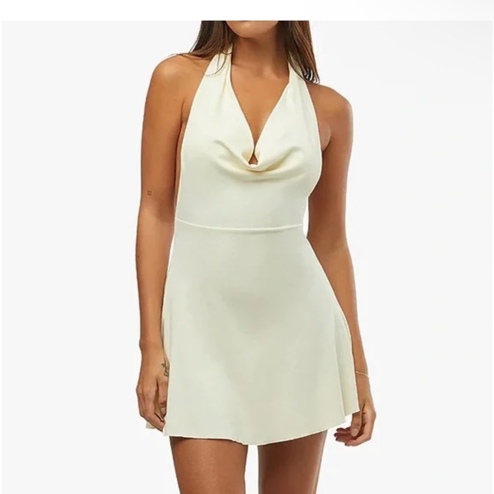 WeWoreWhat Halter Cowl Neck Mini Dress in Ivory - Size L - Picture 3 of 10